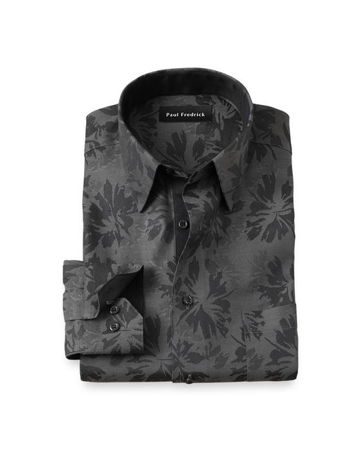 Paul Fredrick Men's Black Comfort Stretch Non-Iron Botanical Dress Shirt With Contrast Trim Paul Fredrick Men's Black Comfort Stretch Non-Iron Botanical Dress Shirt With Contrast Trim