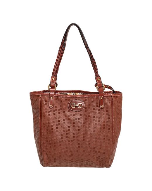 Ferragamo Red Perforated Leather Braided Handle Tote