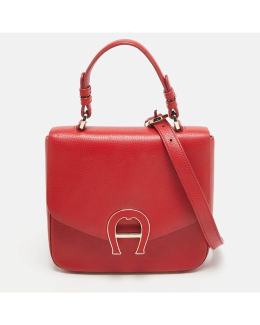 Aigner Red Leather Logo Flap Top Handle Bag