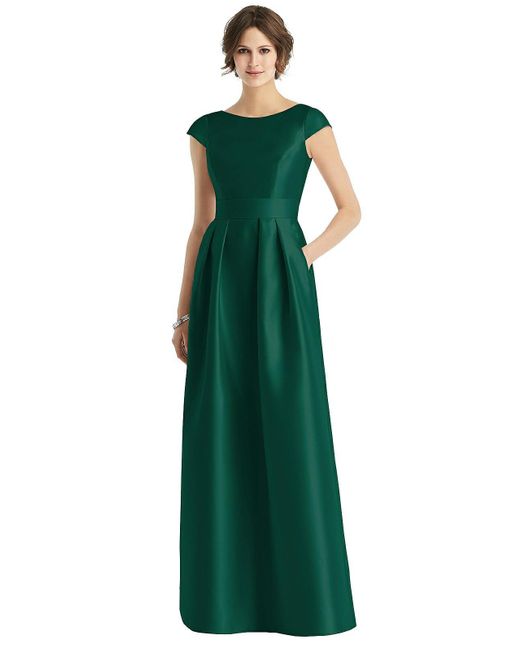 Alfred Sung Green Cap Sleeve Pleated Skirt Dress With Pockets