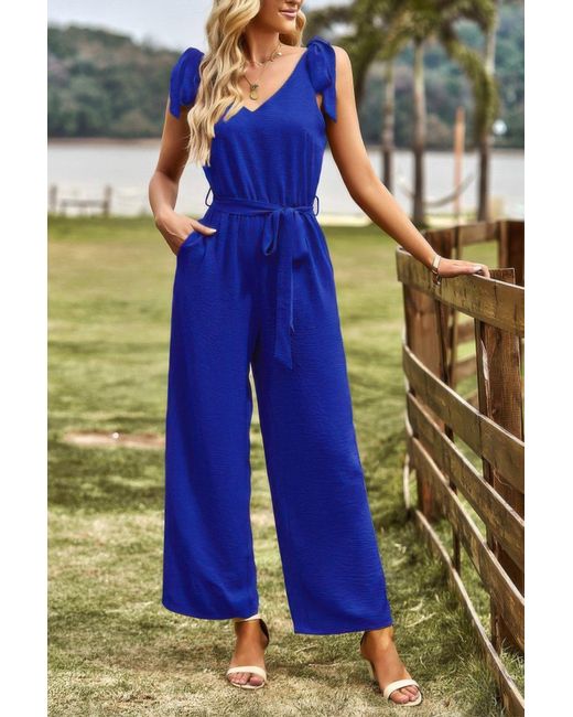 TRUEDAMES Blue Solid V Neck Knot Shoulder Sleeveless Ruched Belt
