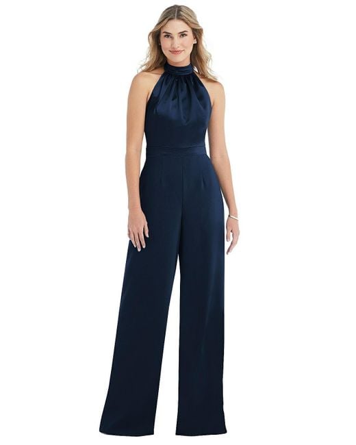After Six Blue High-neck Open-back Jumpsuit With Scarf Tie