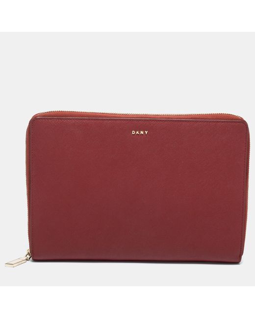 DKNY Red Leather Large Bryant Zip Around Clutch