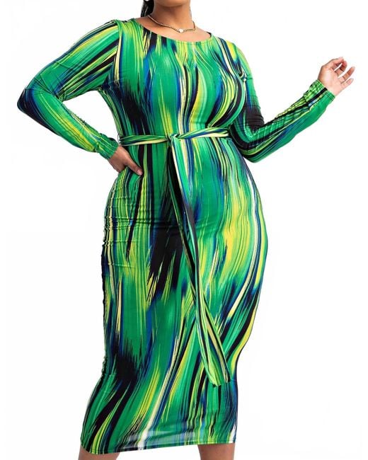 The Curve Green Plus Size Long Sleeve Midi Dress With Self-Tie Belt