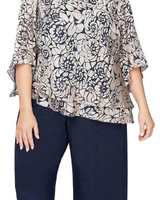 Alex Evenings Blue Printed Blouse With Asymmetric Tiered Hem