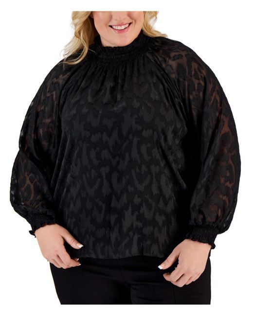 Calvin Klein Black Plus Textured Smocked Pullover Top