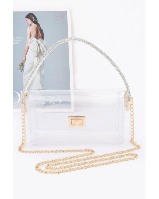 Fashnzfab White Transparent Rhinestone Top Handle Flap Bag