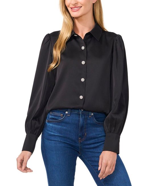 Cece Blue Long Sleeve Blouse With Rhinestone Buttons & Exaggerated Collar