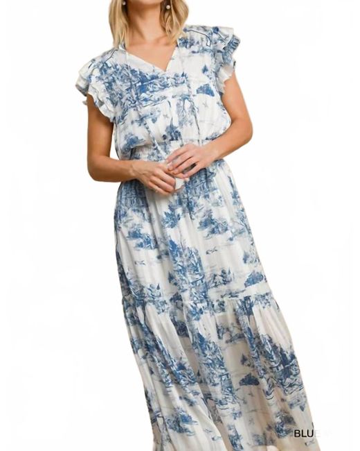 Umgee Blue Two Tone Landscape Print Midi Dress