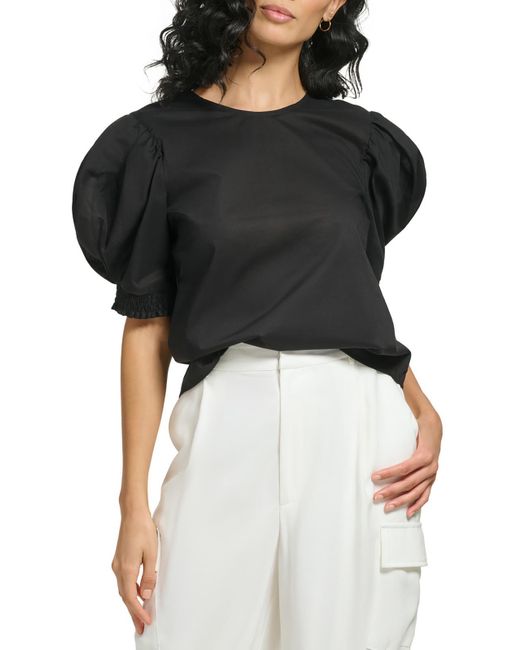 DKNY Black Puff Sleeve Solid Blouse