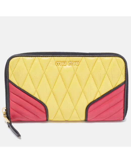 Miu Miu Yellow Tri Color Mixed Quilted Leather Zip Around Continental Wallet