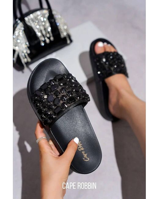 Cape Robbin Black Boho Flat Studded Rhinestone Sandal