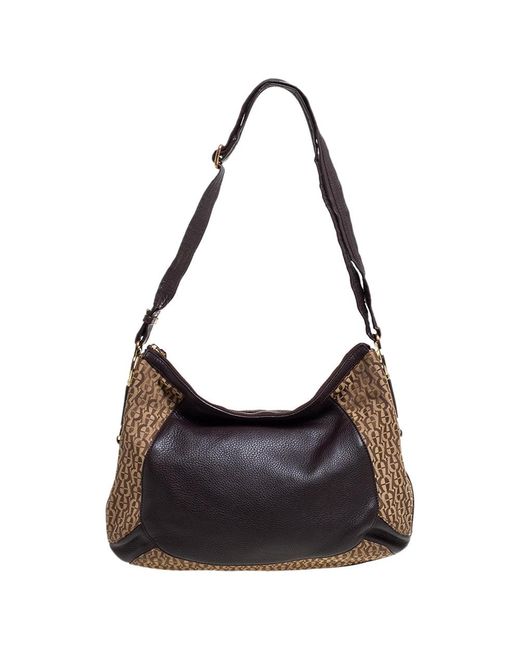 Aigner Black /beige Signature Canvas And Leather Hobo
