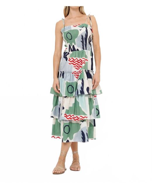 Oliphant Blue Smocked Tie Strap Ruffle Midi Dress