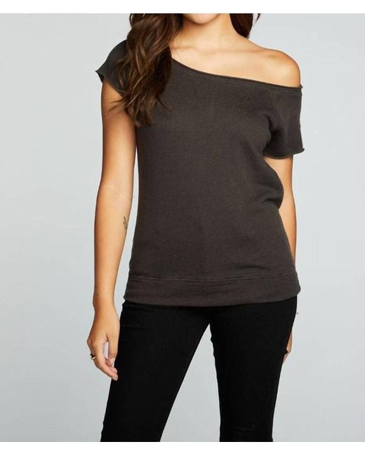 Chaser Brand Black Linen French Terry Off The Shoulder Raglan Cap Sleeve Pullover