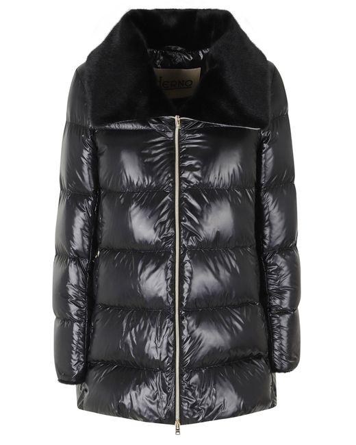 Herno Black Fur-Lined Collar Striped Quilted Polyamide Down Jacket