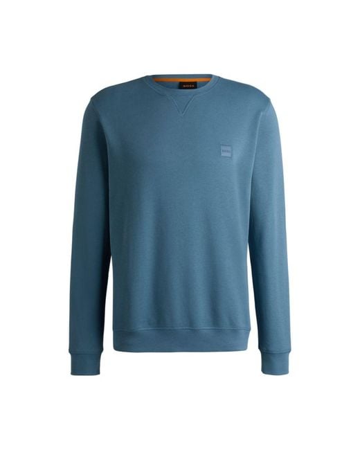 Boss Blue Cotton-Terry Regular-Fit Sweatshirt With Logo Patch for men