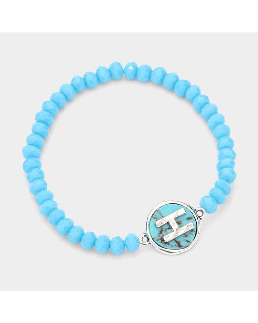 Fashnzfab Blue H- Initial Monogram Charm Faceted Beaded Stretch Bracelet