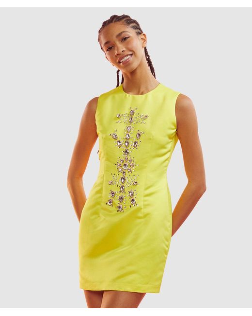 Cynthia Rowley Yellow Satin Gem Stones Fitted Mini Dress