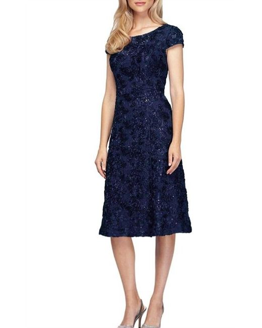 Alex Evenings Blue Cap Sleeve Rosette Lace Dress