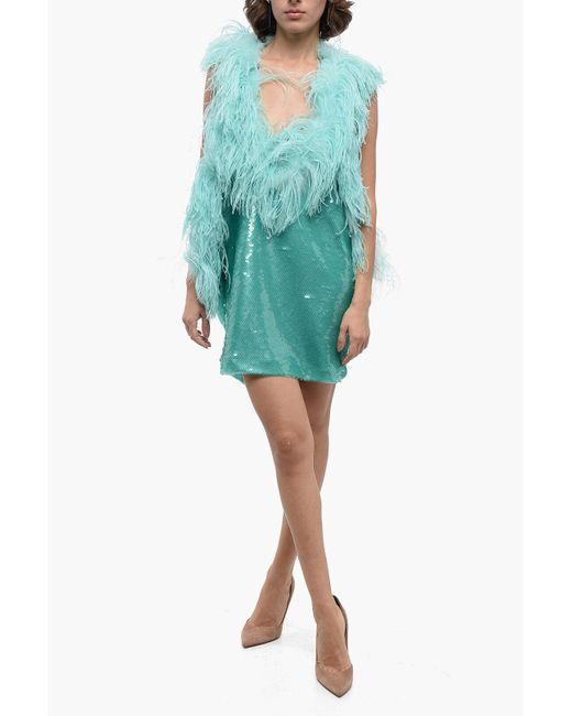 The Attico Green Sequined Mini Dress With Feathers Application