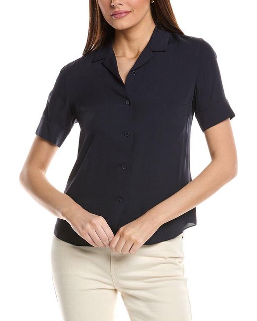 Lafayette 148 New York Blue Notch Collar Slim Silk Shirt