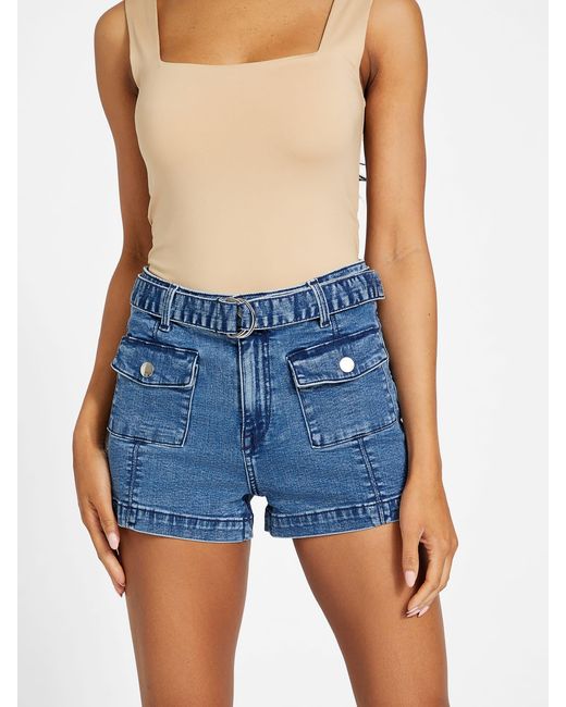 Guess Factory Blue Sloane High-rise Belted Shorts
