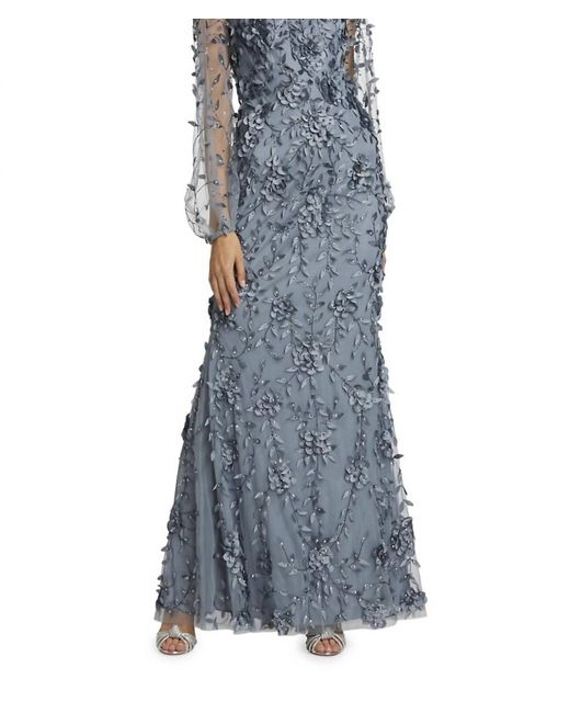 THEIA Floral Applique Illusion Sleeve Gown In Grey/blue