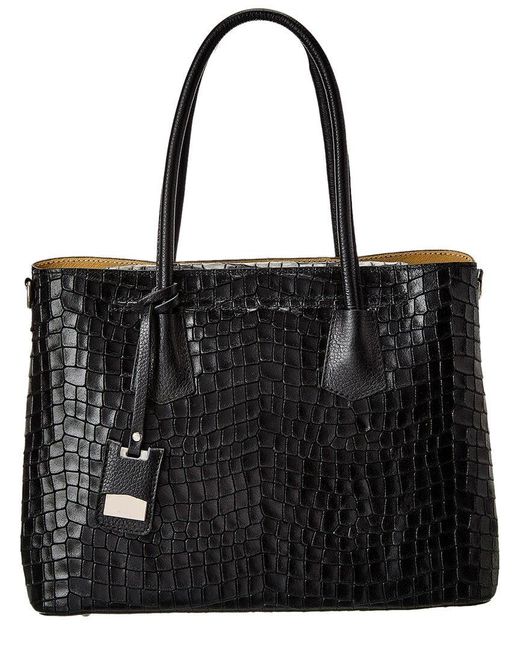 Italian Leather Crocembossed Top Handle Tote in Black Lyst