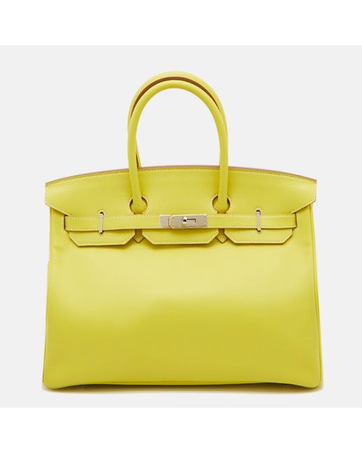 Hermès Yellow Lime Swift Leather Palladium Finish Birkin 35 Bag