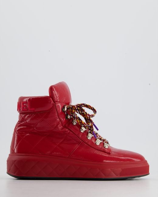 Chanel Red Patent Leather High Top Sneakers Shoes