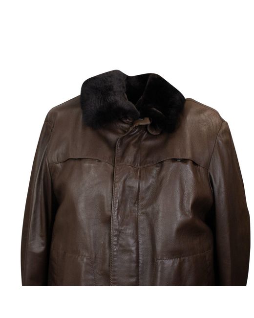 Isaia Brown Flight Jacket With Fur Collar for men