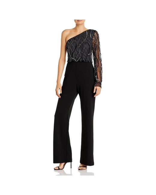 Aidan Mattox Black Embellished One Shoulder Jumpsuit