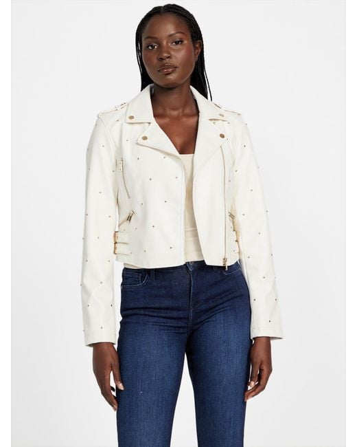 Guess Womens XL White Faux Leather Moto Jacket Smocked Epaulets