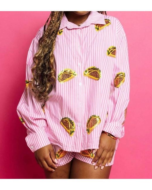 Queen Of Sparkles Pink Sequin Taco Stripe Cotton Short