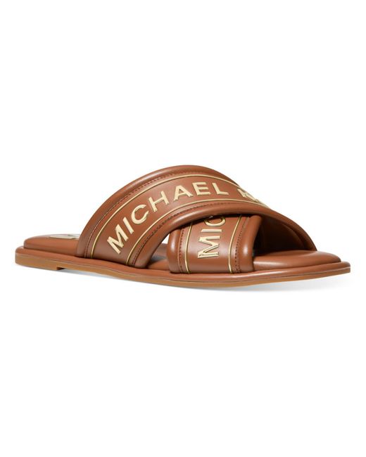MICHAEL Michael Kors Brown Gideon Slide Logo Faux Leather Slide Sandals