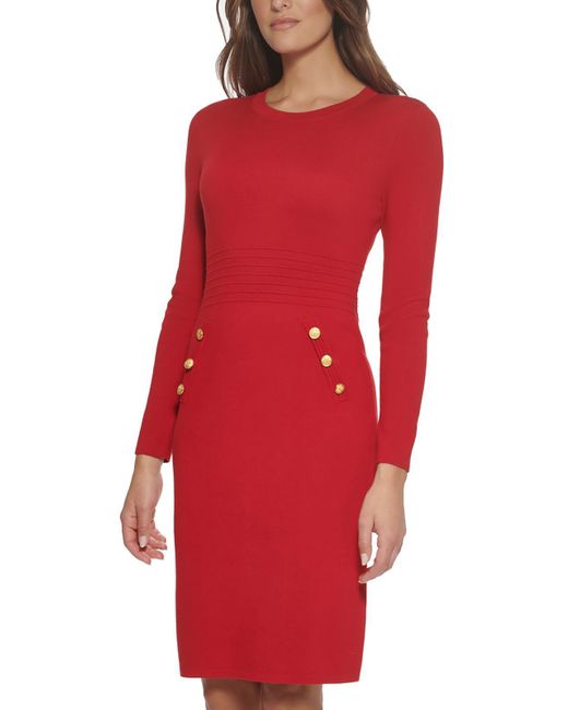 DKNY Red Knee Length Embellished Sheath Dress