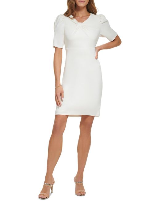 DKNY White Puff Sleeve V-neck Sheath Dress