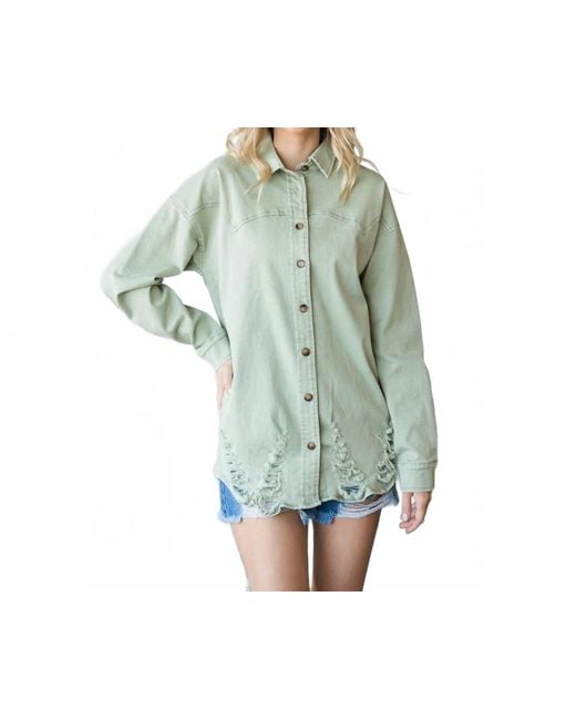 Veveret Green Distressed Button Down Shacket