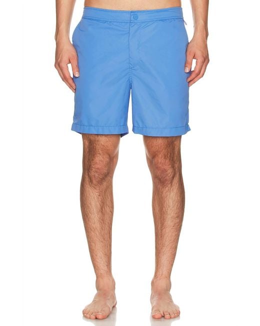 Onia Blue Elastic Snap Front Swim Trunks for men