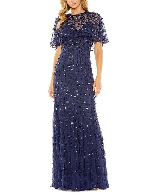 Mac Duggal Blue Embellished Illusion Cape Sleeve Trumpet Gown