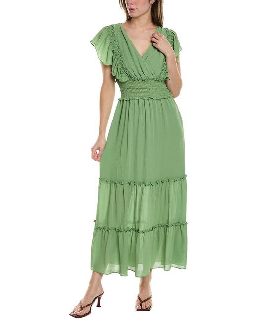 Max Studio Green Crepe Flutter Sleeve Smocked Maxi Dress
