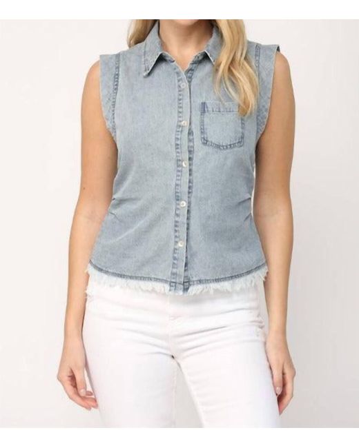 Fate Blue Chambray Frayed Top