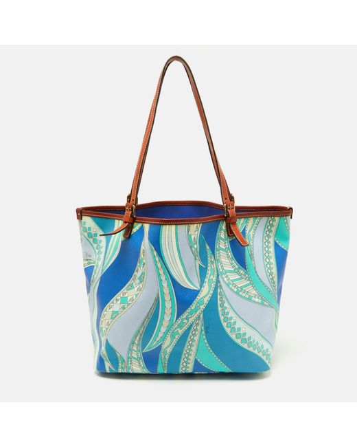 Emilio Pucci Blue Color Printed Coated Canvas And Leather Tote