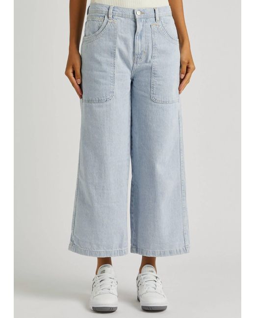 Free People Piper Striped Cropped Wide Leg Jeans In Blue