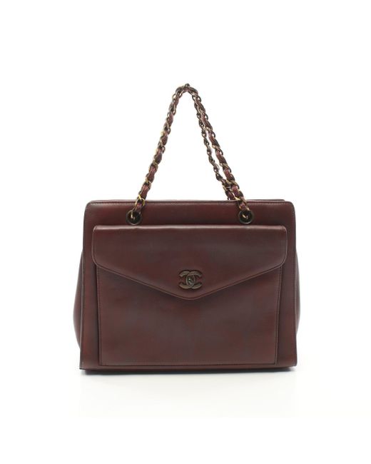 Chanel Brown Coco Mark Chain Handbag Chain Tote Bag Lambskin Bordeaux Antique Gold Hardware