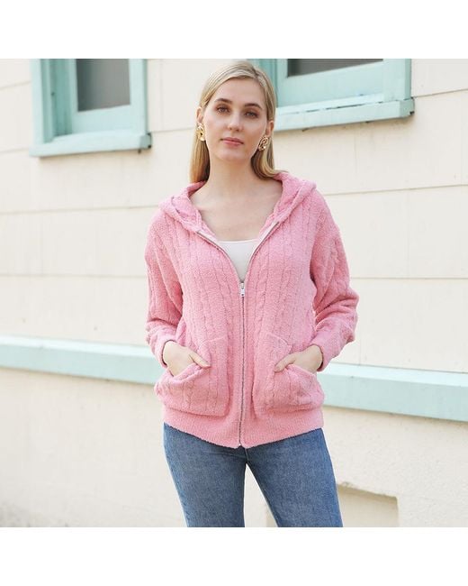 TRUEDAMES Pink Solid Ribbed Knit Zip-Up Hoodie