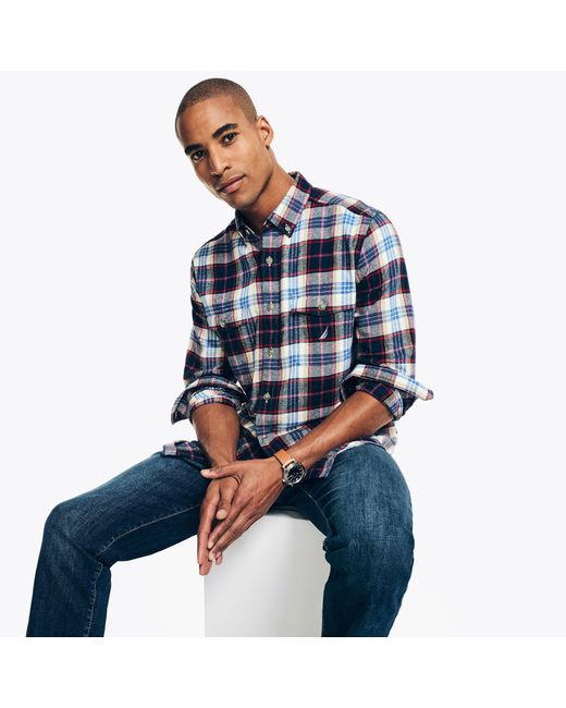 Nautica Blue Sustainably Crafted Flannel Plaid Shirt for men