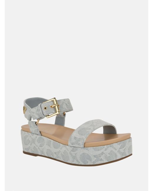 Guess White Wits Denim Flatform Sandals