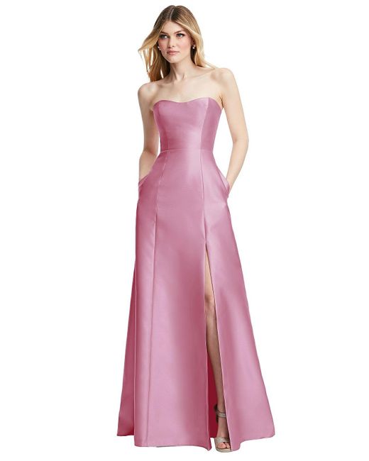 Alfred Sung Purple Strapless A-line Satin Gown With Modern Bow Detail
